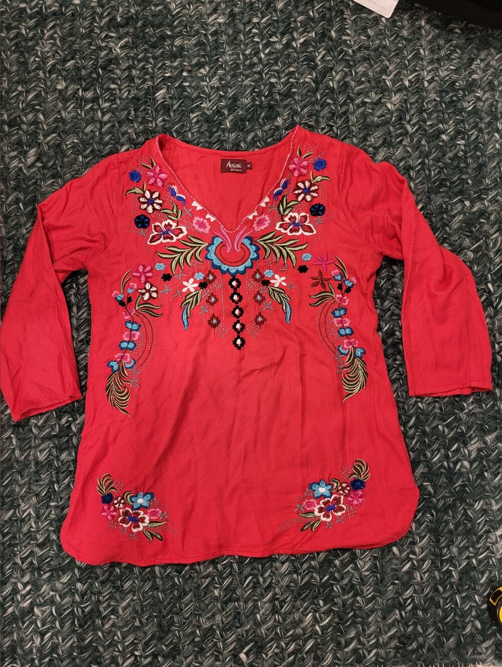 Avani Red Embroidered V-Neck Womens Top Size Medium